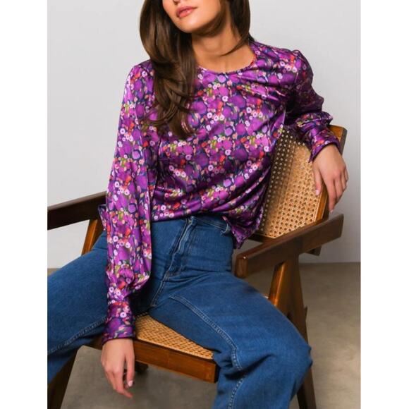 Hutch Tops - Hutch Top‎ Womens Large Purple Lavender Watercolor Whimsy Floral Davy Blouse